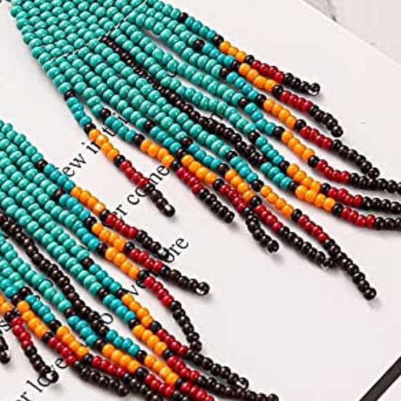 Long 5" Turquoise Red Southwestern Beaded Large Oversized Bohemian Earrings New - Picture 6 of 7